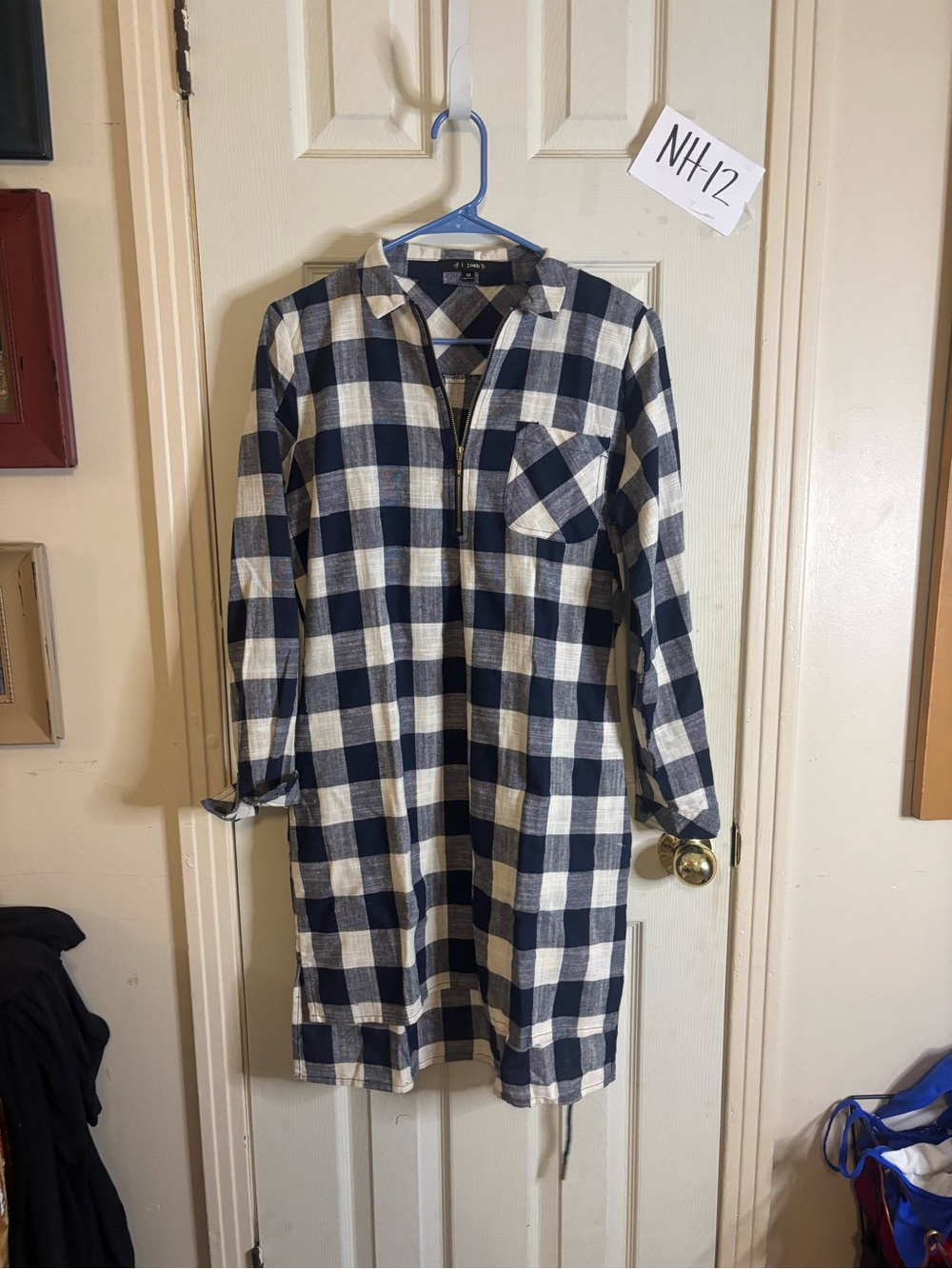 Women’s Navy and Cream Plaid Midi Shirt Dress